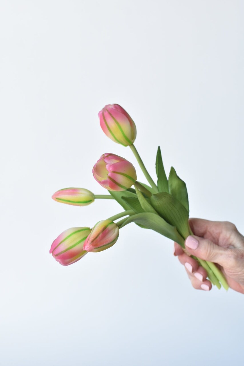 10" Faux Real Touch Pink/Yellow w/Green Stripe Tulip Stem Bundle